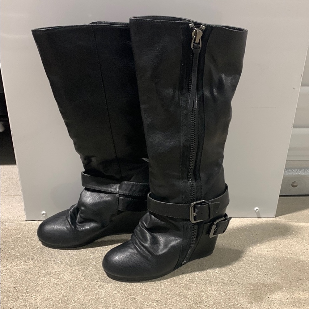 ALDO Black Leather Heeled Knee-High Boots with Zipper